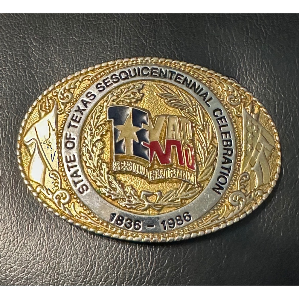 Vintage 1986 State of Texas Sesquicentennial Belt Buckle 24kt Gold Plated
